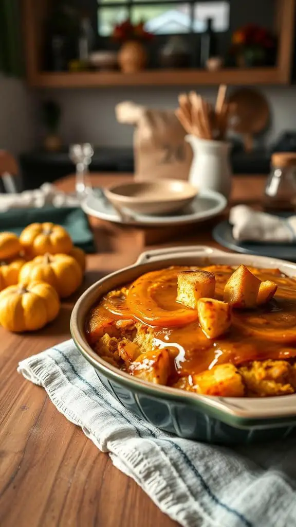 A delicious Maple-Glazed Squash Cornbread Casserole served in a baking dish.