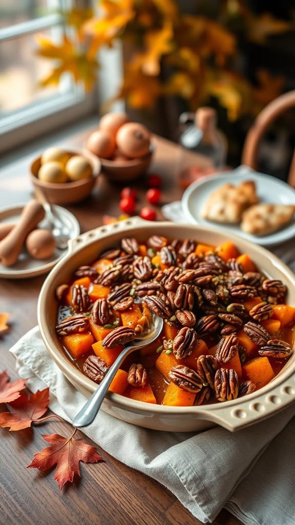 A delicious maple-glazed sweet potato bake topped with pecans, perfect for festive brunches.