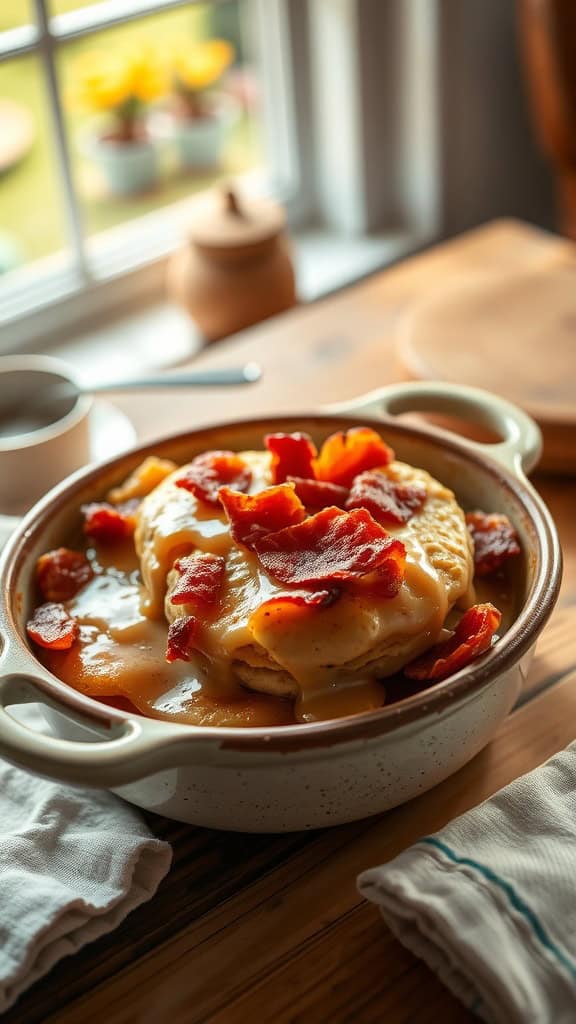 Maple Bacon Biscuit Breakfast Bake topped with crispy bacon and gravy