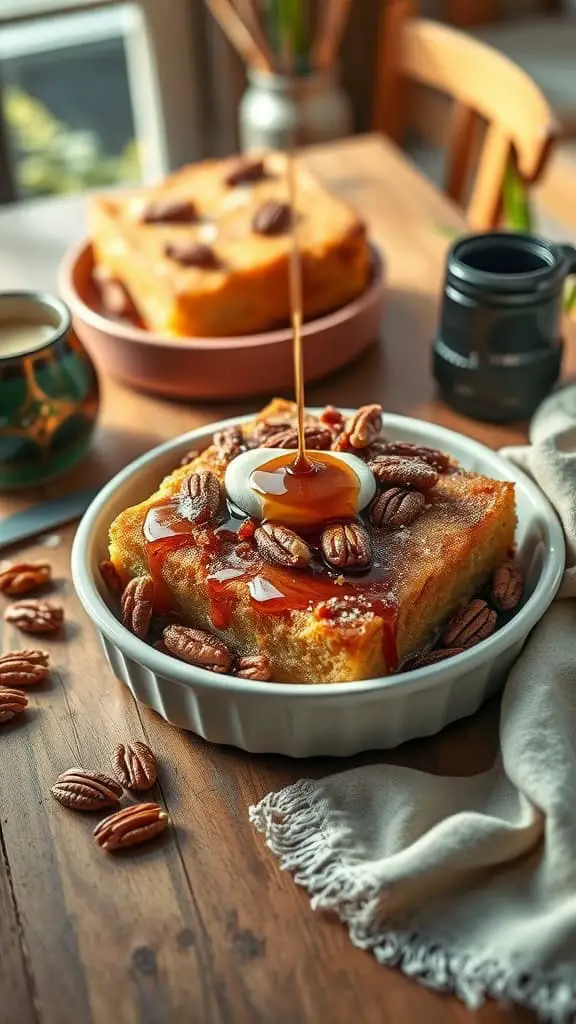 A delicious maple pecan french toast casserole served with syrup and pecans.