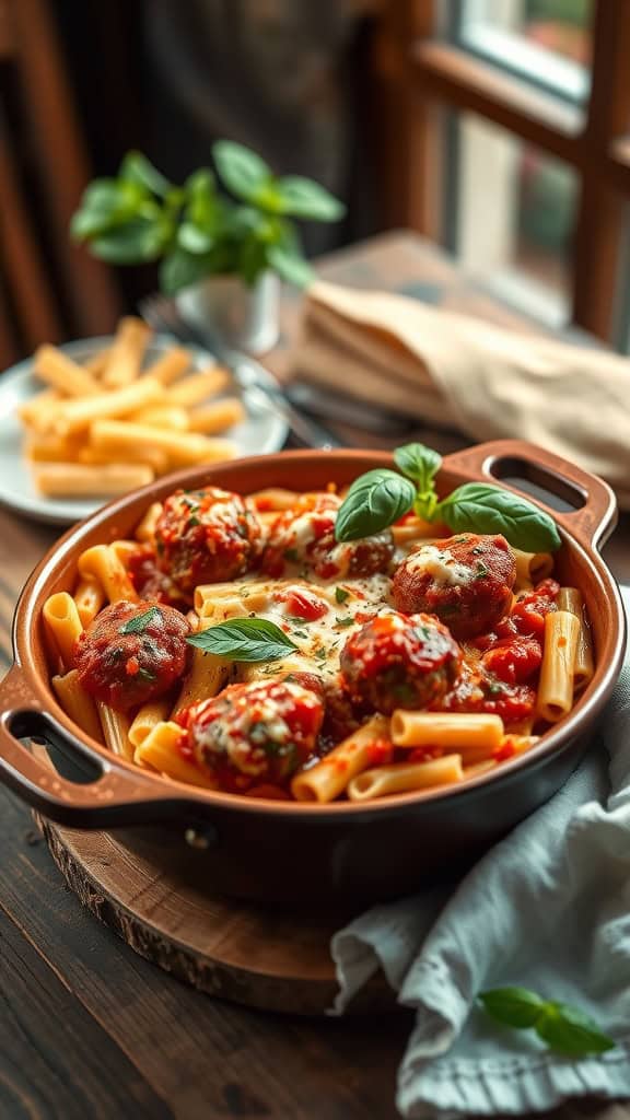 Delicious meatball casserole with pasta and marinara sauce