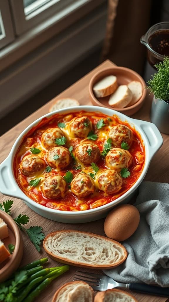 A delicious meatball sub casserole with cheese, marinara sauce, and meatballs