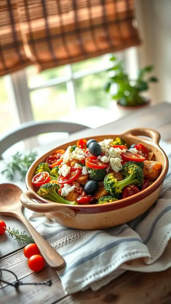 A colorful Mediterranean broccoli casserole with olives, feta, and sun-dried tomatoes.