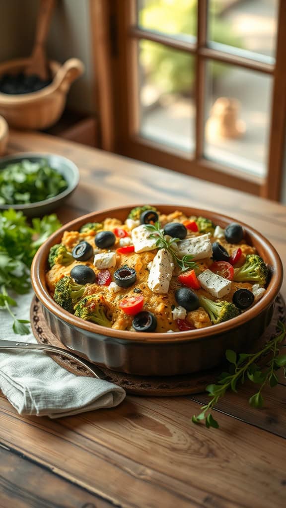 Mediterranean Broccoli Cheese Casserole with feta, olives, and sun-dried tomatoes