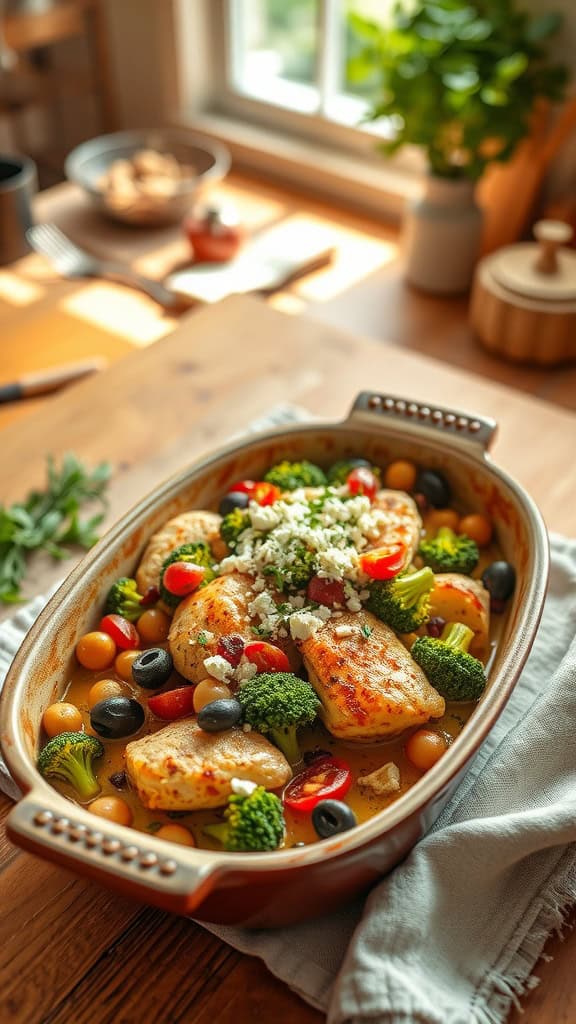 A colorful Mediterranean Chicken Broccoli Casserole with olives, sun-dried tomatoes, and feta cheese.