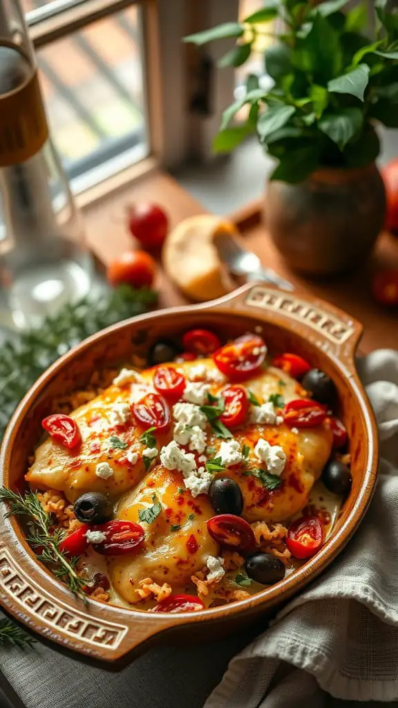 Mediterranean Chicken Cordon Bleu Casserole with sun-dried tomatoes and olives