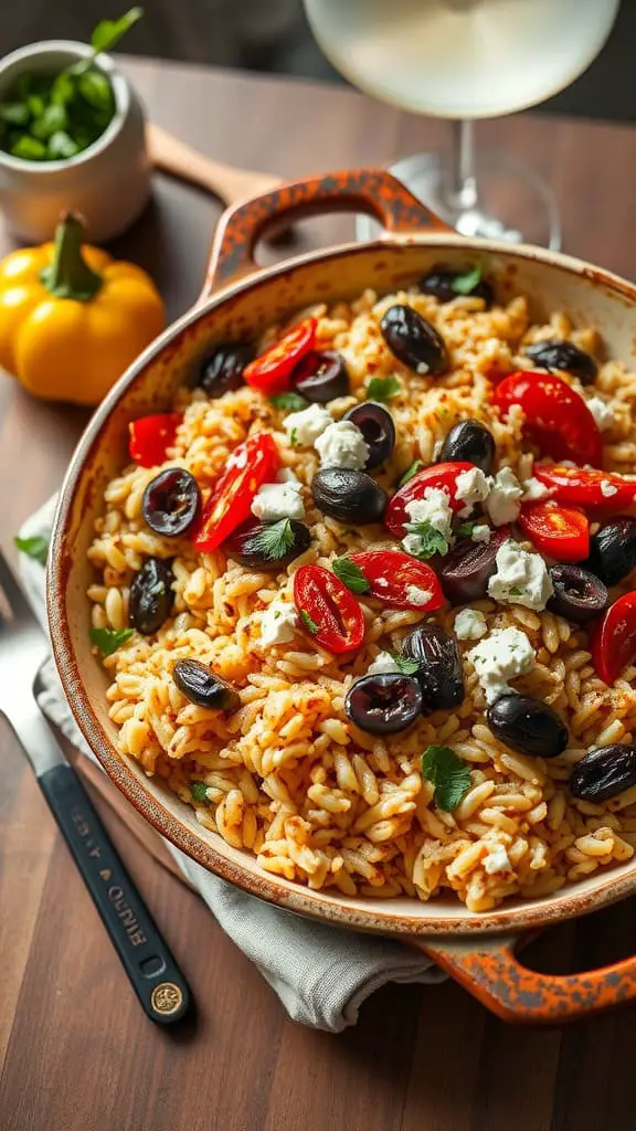 Mediterranean Chicken Rice Casserole with sun-dried tomatoes, olives, and feta cheese