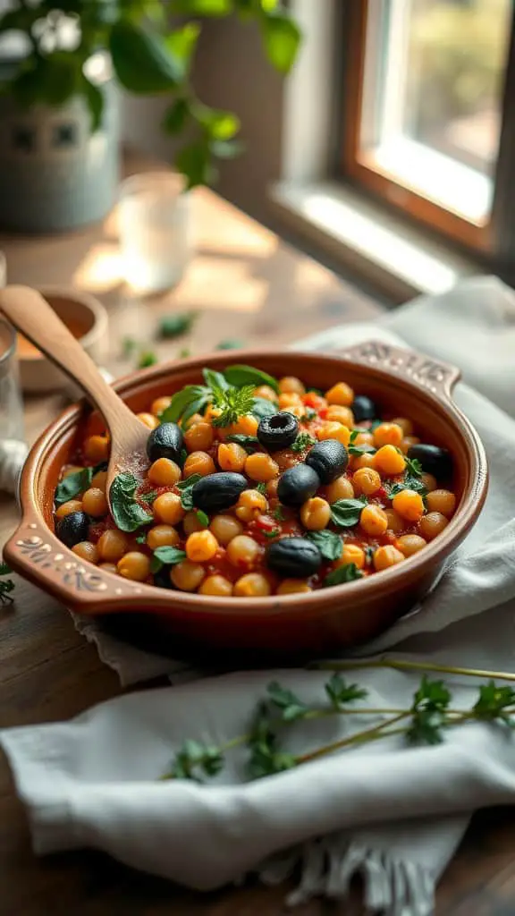 A Mediterranean Chickpea Bake with chickpeas, olives, and spinach in a tomato-based sauce.