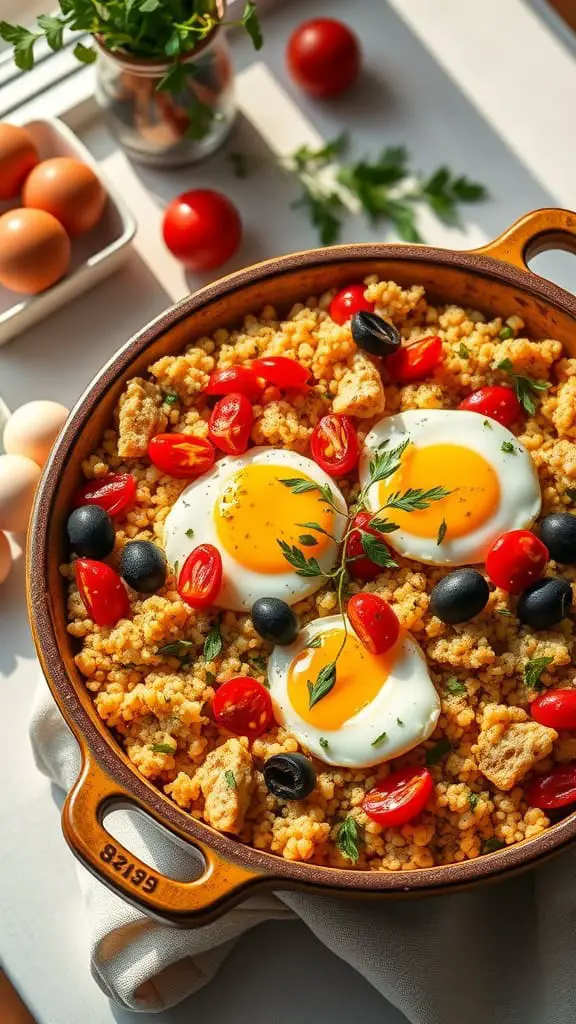 A Mediterranean Egg and Couscous Bake topped with eggs and garnished with tomatoes and olives.