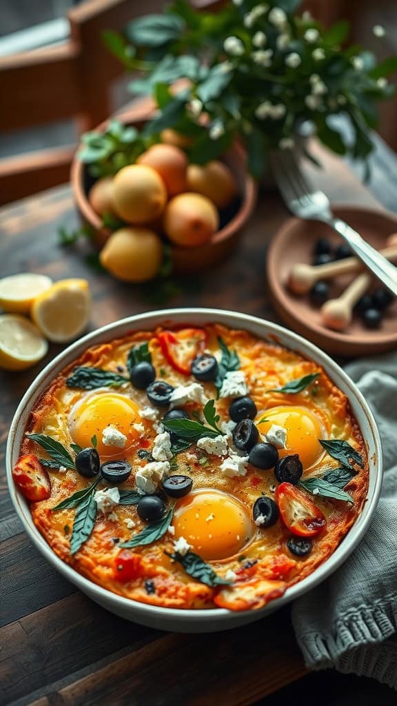 Mediterranean Egg Casserole with eggs, spinach, olives, and feta cheese