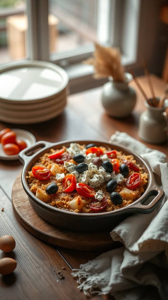 A delicious Mediterranean Hashbrown Casserole topped with sun-dried tomatoes, olives, and goat cheese.