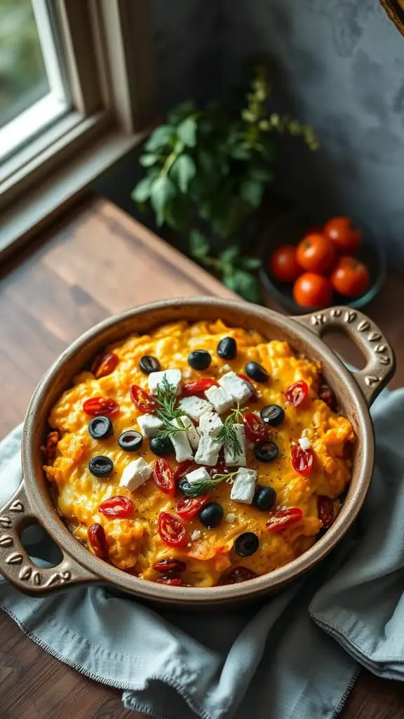 A Mediterranean-inspired hashbrown casserole with olives, sun-dried tomatoes, and feta cheese.