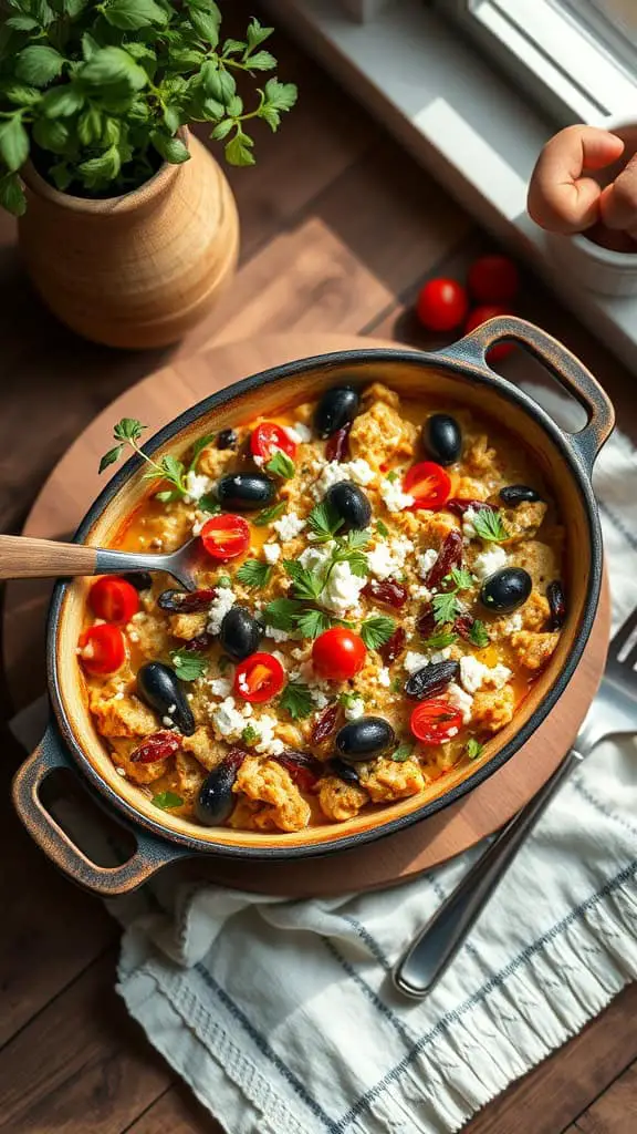 Mediterranean Tuna Casserole with olives, sun-dried tomatoes, and feta cheese, garnished with cherry tomatoes and parsley.