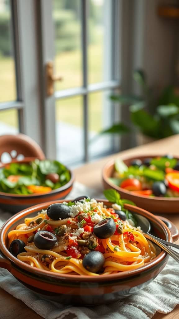 A vibrant Mediterranean Tuna Noodle Casserole garnished with olives and feta cheese, served in a rustic bowl.