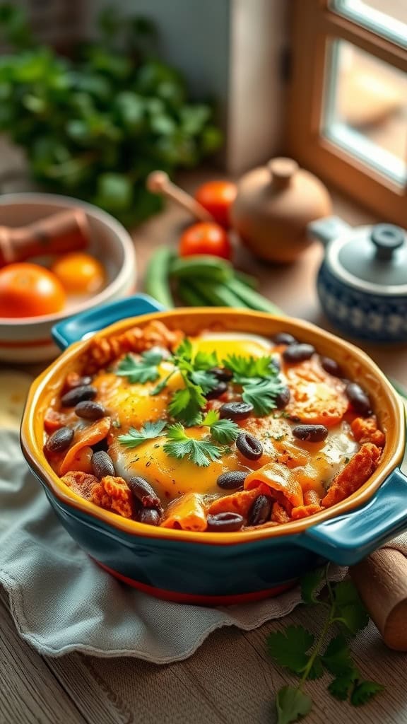 A hearty Mexican breakfast casserole with chorizo, black beans, and melted cheese.