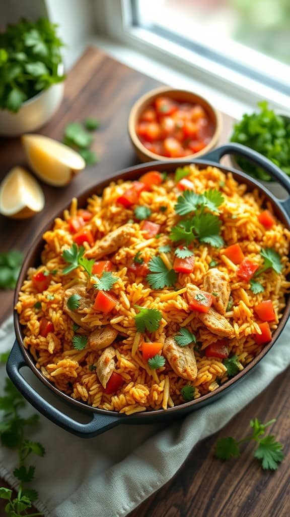 A colorful Mexican Chicken Rice Casserole with chicken, salsa, rice, and cheese