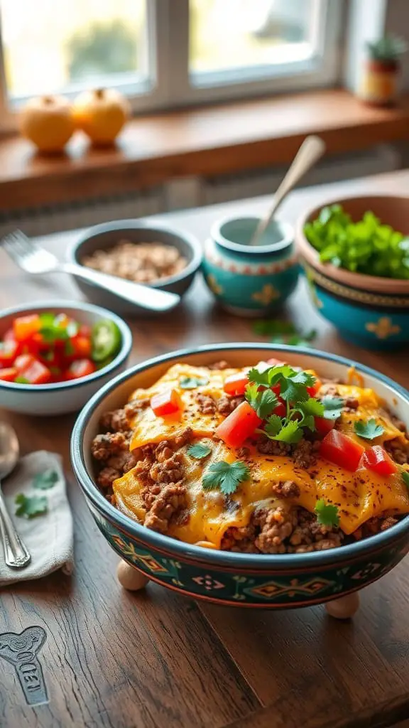 A delicious Mexican Fiesta Hashbrown Casserole with ground beef, salsa, and cheese.