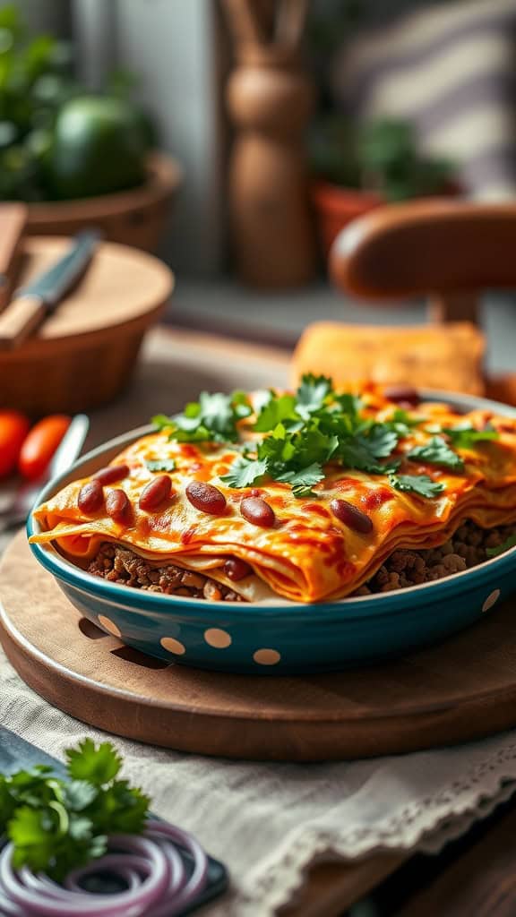 A delicious Mexican lasagna with layers of beef, beans, and cheese.