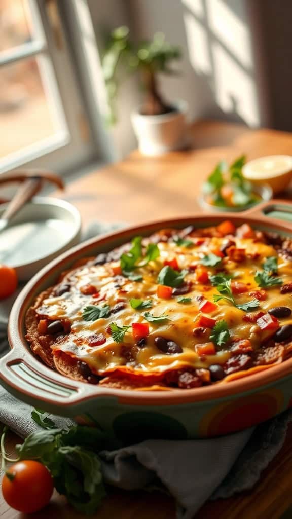 A colorful Mexican Pizza Casserole with layers of tortillas, beans, cheese, and toppings.