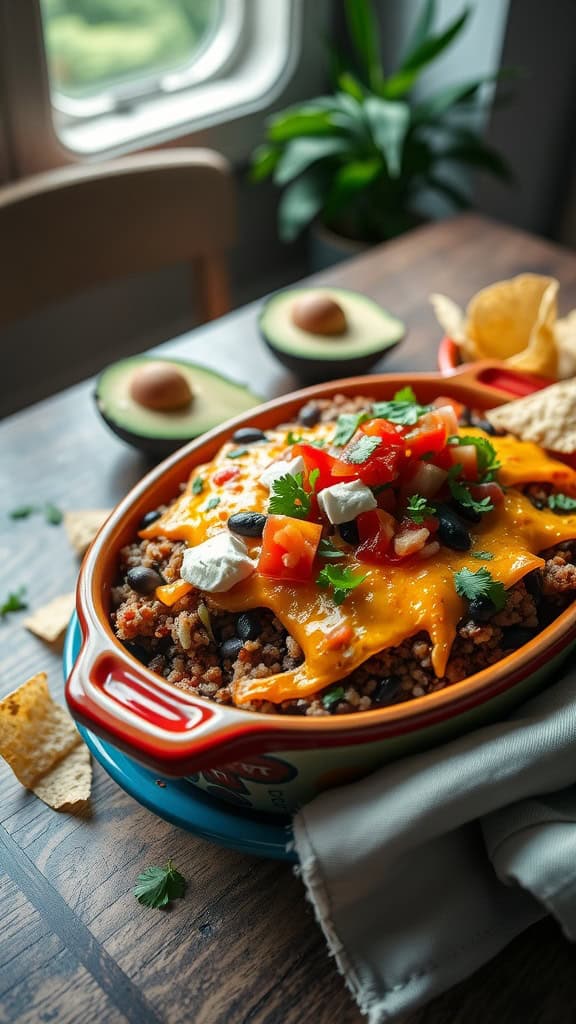 A delicious Mexican quinoa casserole topped with cheese, fresh tomatoes, and sour cream, served in a vibrant dish.