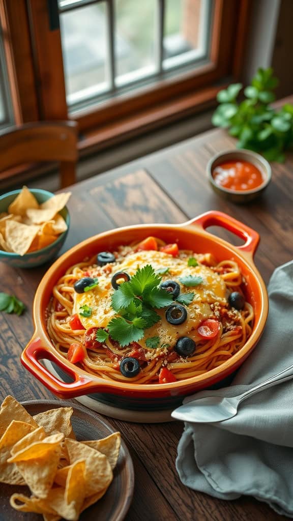 Mexican Spaghetti Bake with taco toppings and tortilla chips