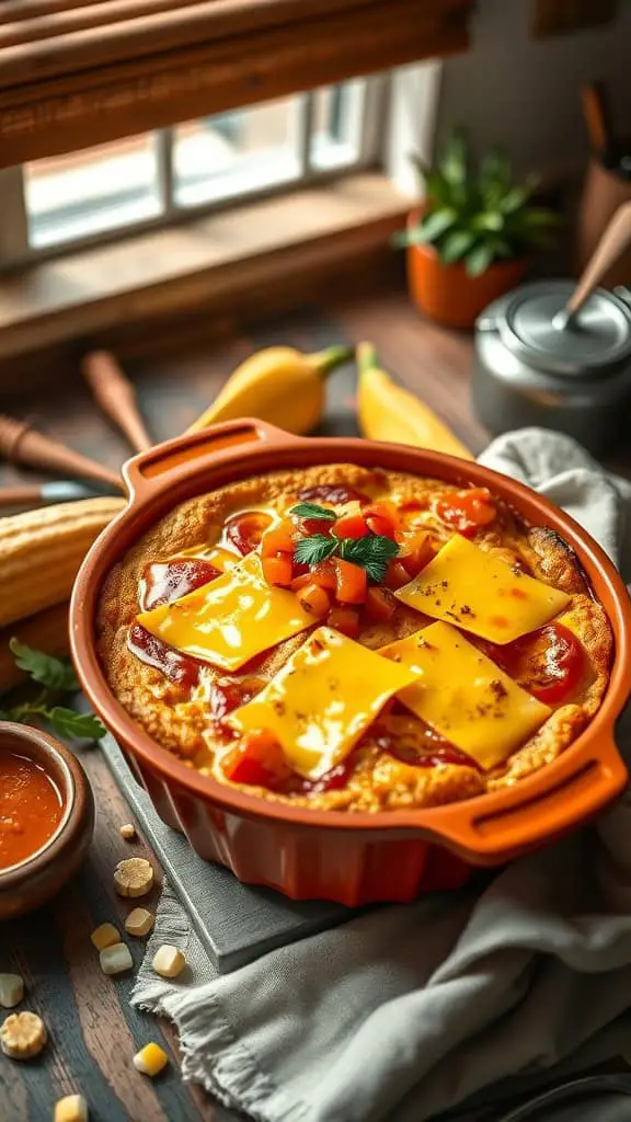 A delicious Mexican Squash Cornbread Casserole topped with cheese and salsa.
