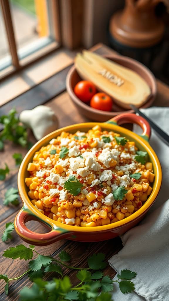 A colorful serving of Mexican Street Corn Casserole with corn, cotija cheese, and cilantro.