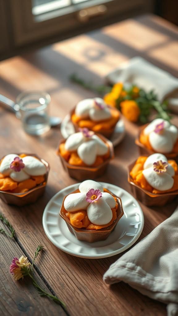 Mini sweet potato casserole cups topped with marshmallows and flowers, perfect for events.