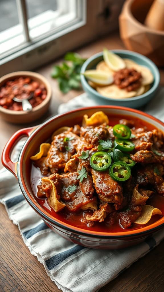 A delicious mole chicken casserole served with toppings