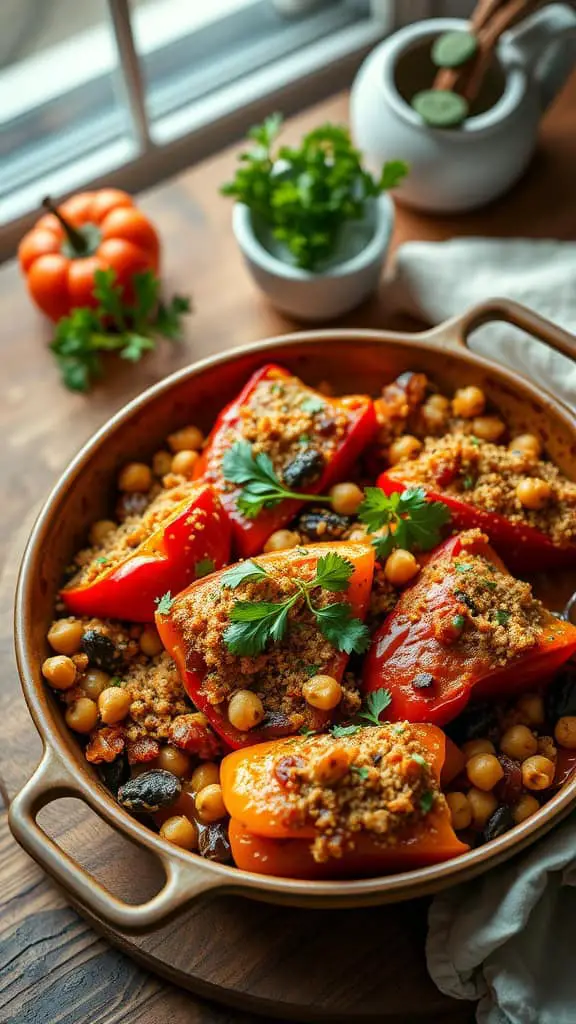 Moroccan-Spiced Stuffed Pepper Casserole with raisins, chickpeas, and warm spices