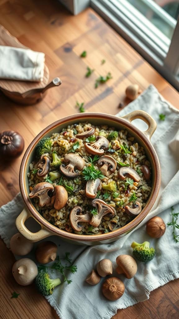 Mushroom and broccoli wild rice casserole with garnishes