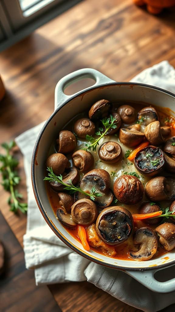 Mushroom and Gruyere Bake casserole dish on a wooden table