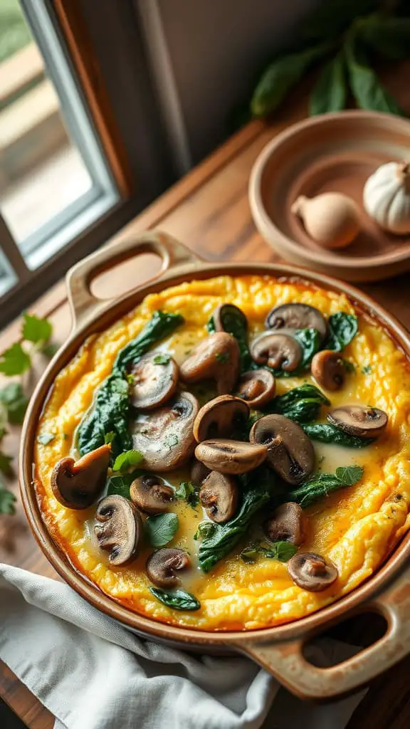 A casserole dish filled with a creamy polenta layered with sautéed mushrooms and spinach, topped with melted cheese.