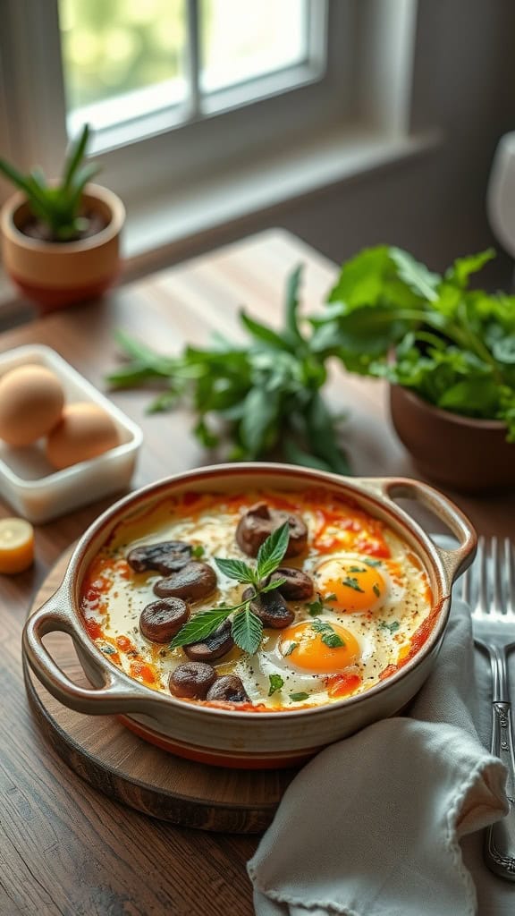 A savory mushroom and truffle oil egg bake in a ceramic dish, showcasing golden eggs and sautéed mushrooms.