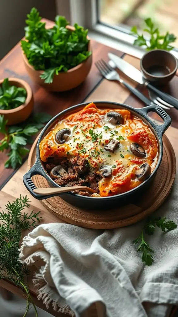 Mushroom Swiss cheeseburger casserole with ground beef and cheese