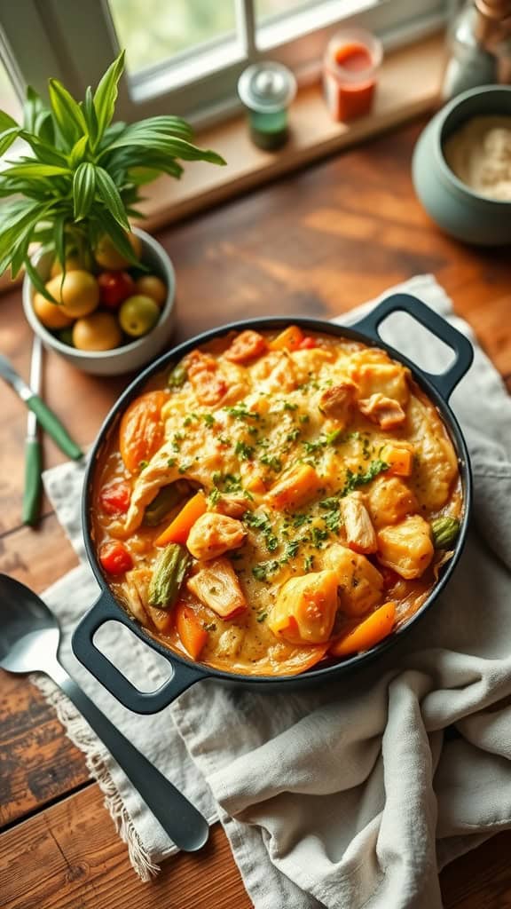 A delicious one-pan chicken pot pie casserole with colorful vegetables and a golden crust.