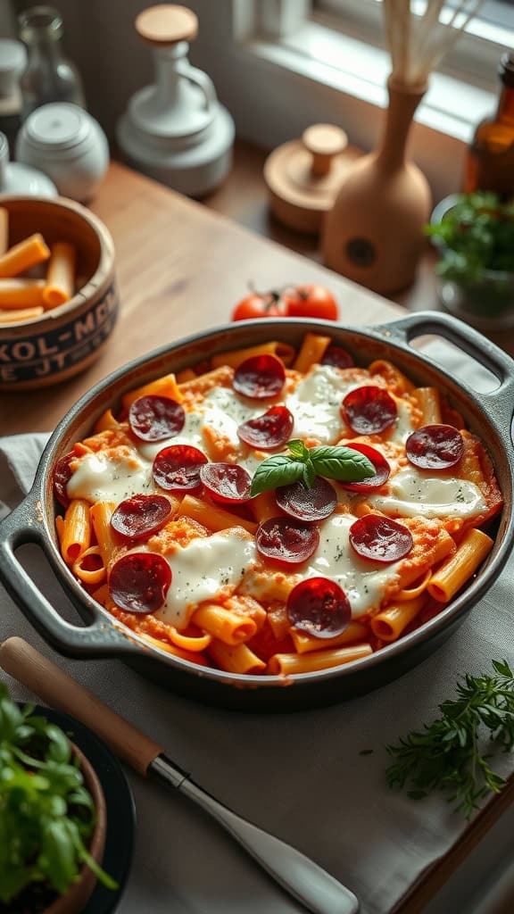 A delicious one-pan pizza casserole with layers of pasta, pepperoni, and melted cheese.