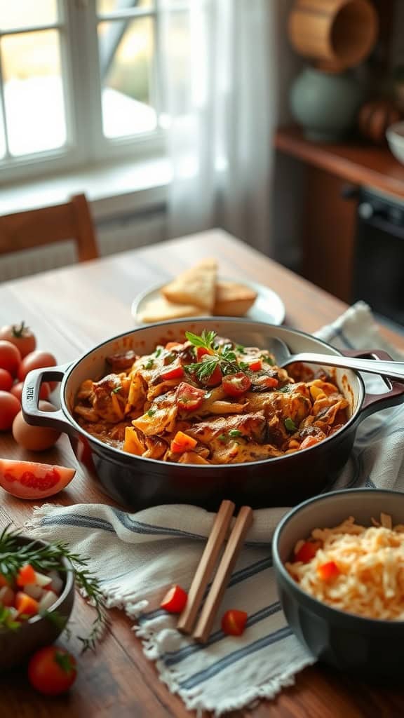 A delicious chicken enchilada casserole served in a pot, garnished with fresh ingredients.