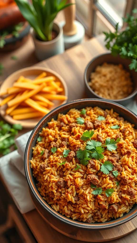 A flavorful one-pot taco rice casserole filled with ground beef and topped with cheese, garnished with cilantro.