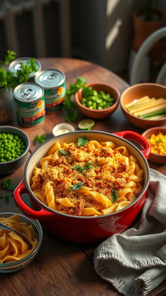 A delicious one-pot tuna noodle casserole topped with breadcrumbs and fresh herbs.