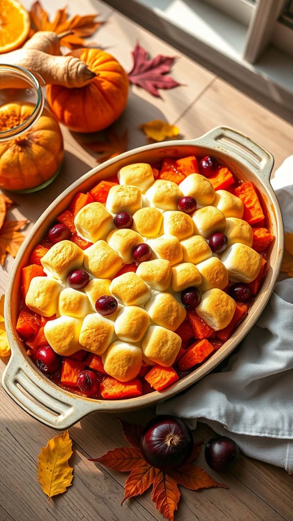 Orange-Cranberry Sweet Potato Casserole topped with toasted marshmallows