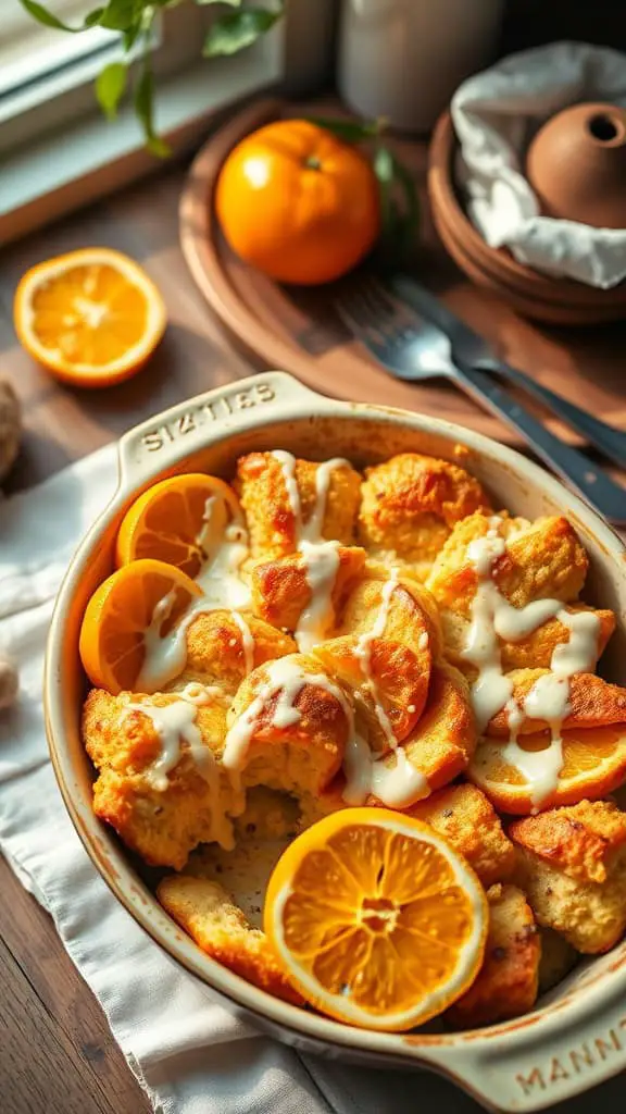 Delicious Orange Creamsicle French Toast Casserole with orange slices and creamy glaze