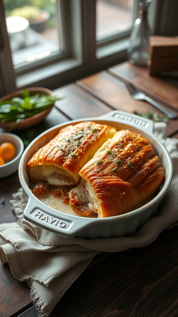 A delicious overnight croissant bake featuring buttery croissants layered with ham and cheese, ready to be served.