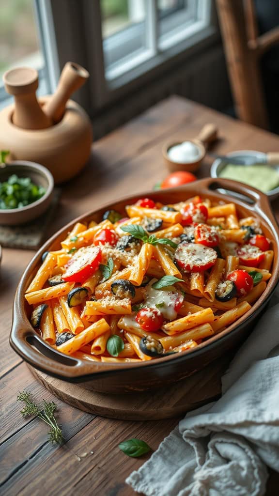 Pasta primavera casserole with colorful vegetables and cheese