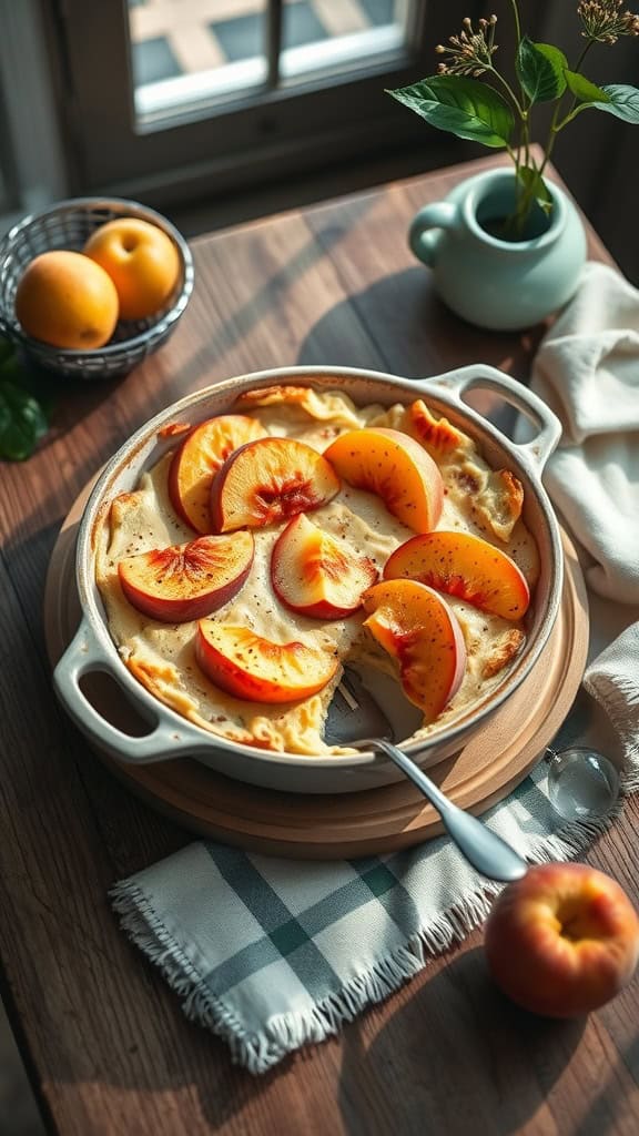 Peach and cream cheese casserole with sliced peaches on top, served in a baking dish.