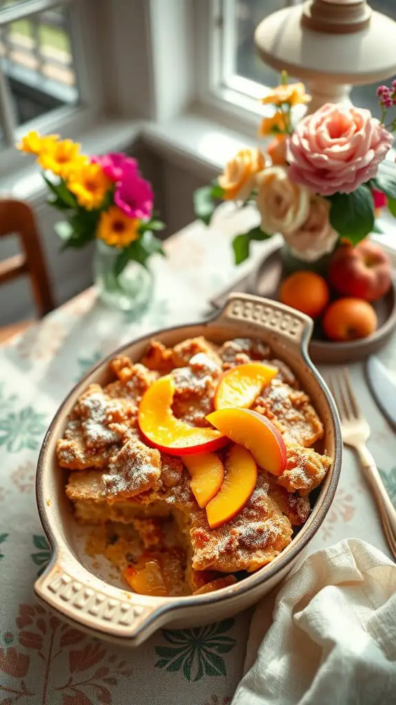 A delicious peach cobbler French toast casserole topped with fresh peach slices.