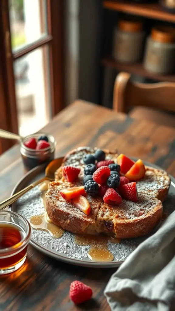 Peanut Butter and Jelly French Toast Casserole served with berries and syrup