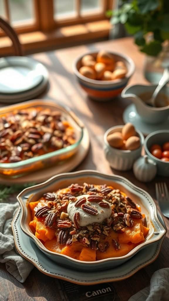 Pecan-Crusted Sweet Potato Delight casserole served on a plate with a crunchy topping.