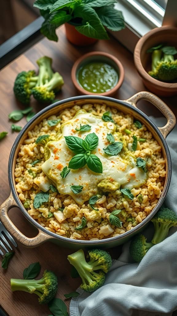 A delicious Pesto Broccoli Rice Casserole topped with fresh basil and cheese.