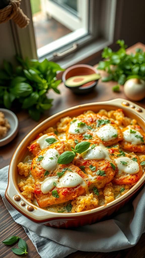 A delicious Pesto Chicken Hashbrown Casserole with mozzarella and basil